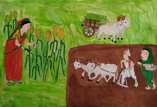 Farmers working in farm, painting by Sonali Ghatal