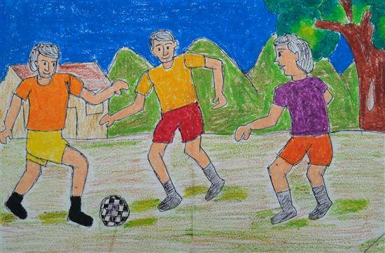 Painting  by Jivan Potinde - Boys playing Foot ball