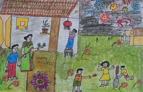 Celebrating Diwali, painting by Puja Jadhav