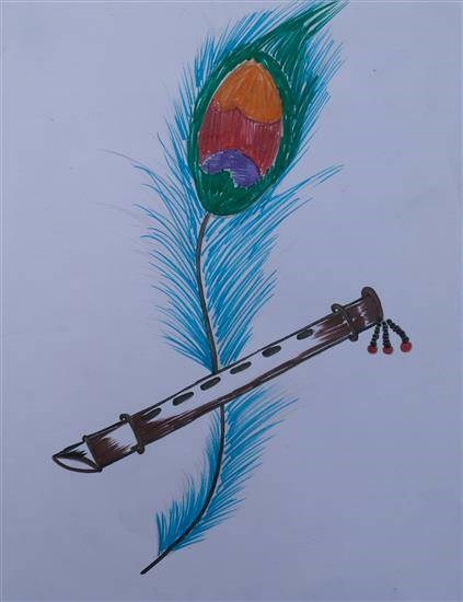 Peacock feather and Bansuri, painting by Ashru Khilare
