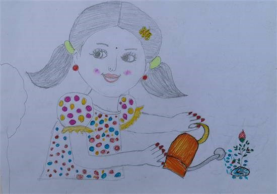 Girl watering Plant, painting by Komal Dhandare