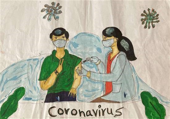 Vaccination for Covid- 19, painting by Kalubai Mukane