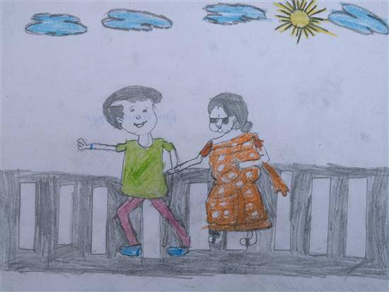 Painting  by Seema Jivtode - Boy helping a blind woman