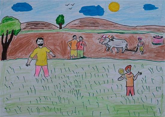 Worker's in Farm, painting by Akash Biswas
