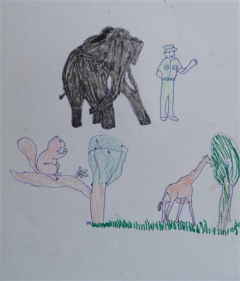 Painting  by Dinakar Lekami - Animals with Forest Officer