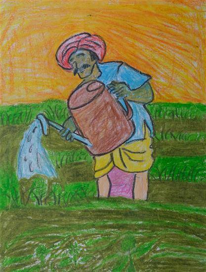 Painting  by Ranju Naroti - Farmer watering crops