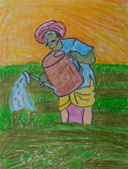 Farmer watering crops, painting by Ranju Naroti