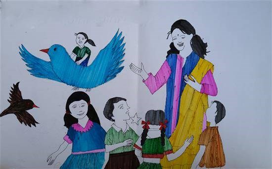 Teacher telling story, painting by Babita Gavali