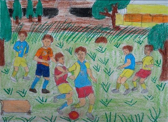 Friends playing Football, painting by Raja Pawara