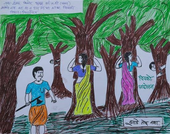 Chipko agitation, painting by Ishwar Bhusum