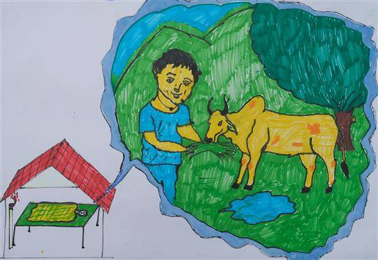 Painting  by Devdas Mawaskar - I fed to Bull in dream