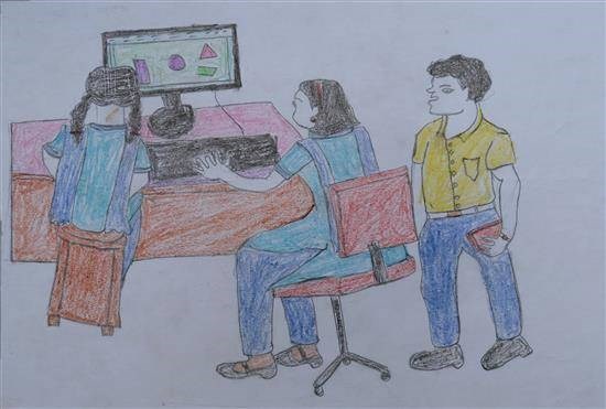 Practice at Computer Lab, painting by Renuka Bhusum
