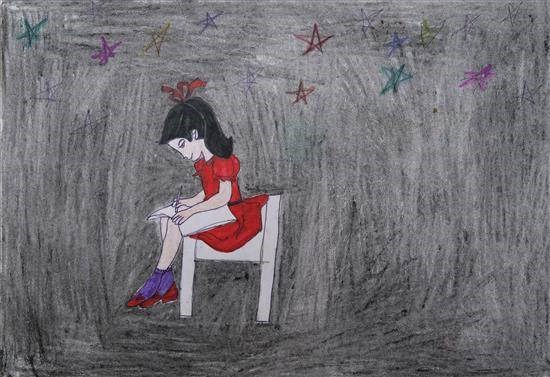 Studying girl, painting by Pooja Jamunkar