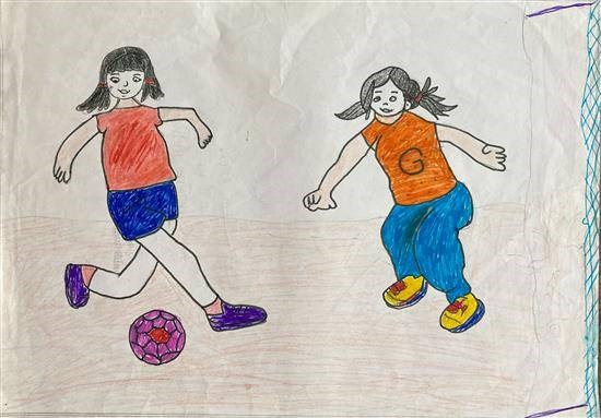 Girl's playing Foot ball, painting by Poonam Sasane