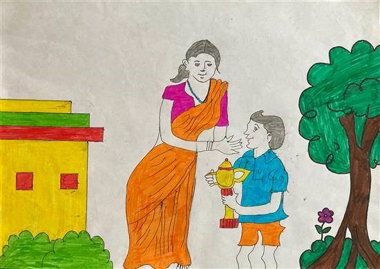 Happy child after getting prize, painting by Kalyani Chaudhari
