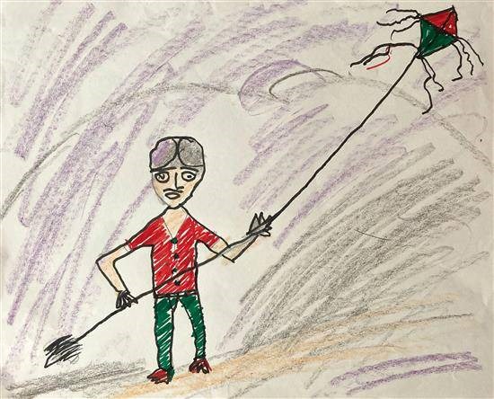 Boy playing Kite, painting by Kismat Pawara