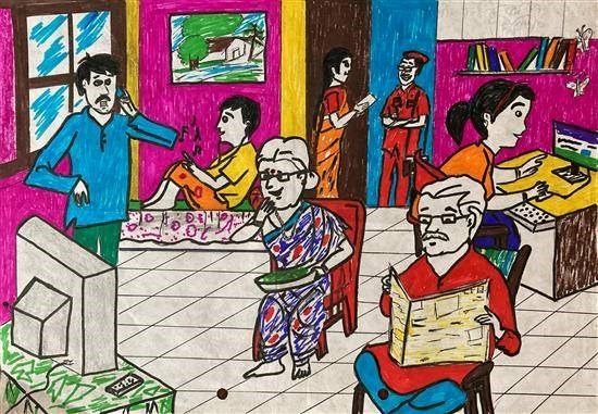 Our busy family, painting by Tejal Chaure