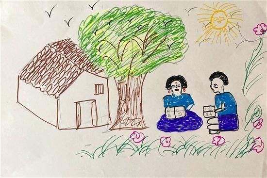 Sibling's study time, painting by Ritesh Pawara