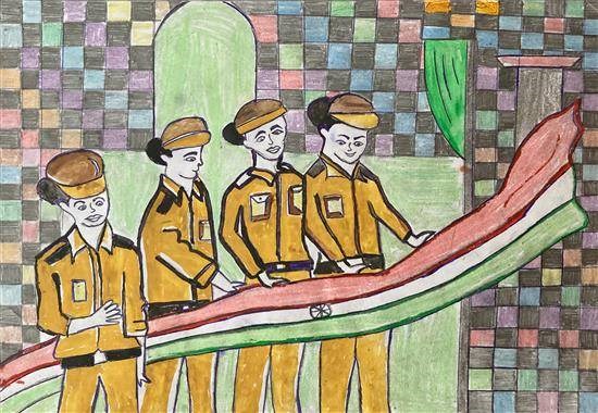 Group of Lady Police, painting by Sarita Bhoye