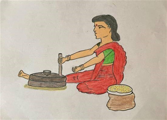 A lady grinding grains, painting by Saniya Pawara