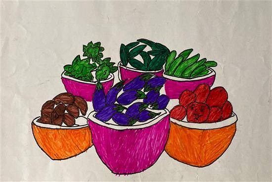 Vegetables basket, painting by Amisha Dhikar