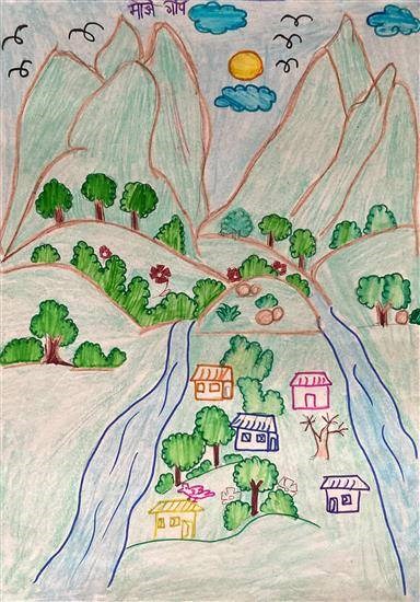 Small village, painting by Kalpana Dhikar