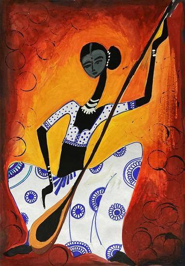 Lady playing Sitar, painting by Kiran Kasdekar