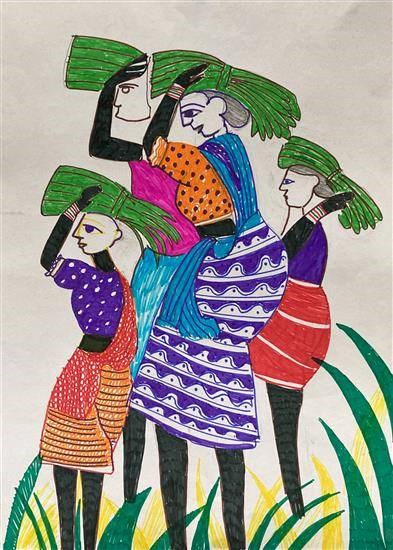 Workers in farm, painting by Poonam Chavhan