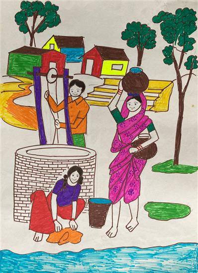 Painting  by Manisha Belsare - Life in a village