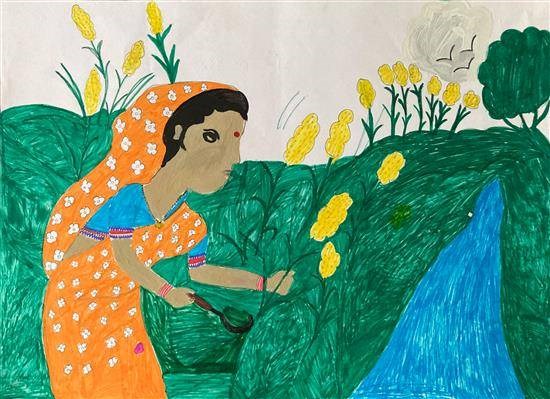 Woman working in farm, painting by Sunita Dhandekar