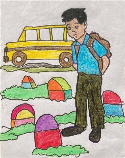 Boy going to school, painting by Monika Kumari