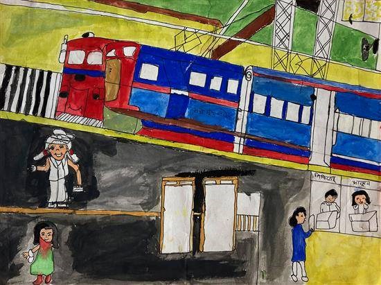 Railway platform, painting by Pooja Savsakade