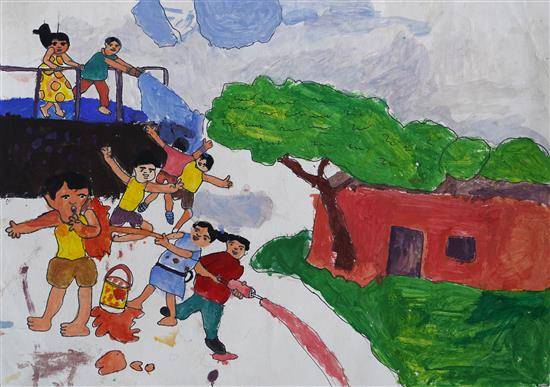 Painting  by Sagar Choukhe - Children playing Rang Panchami