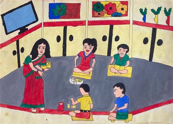 Friends enjoying lunch together, painting by Supriya Jambhule