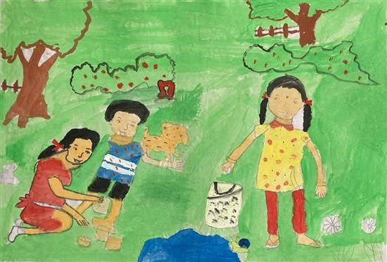 Children playing with boat, painting by Arati Chaudhari