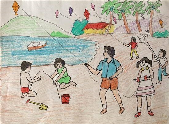 Children enjoying vacation, painting by Diksha Bhagare