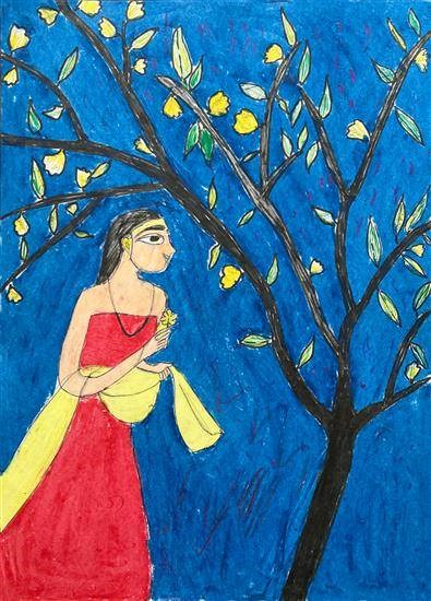 Plucking of flowers, painting by Dilip Sapate