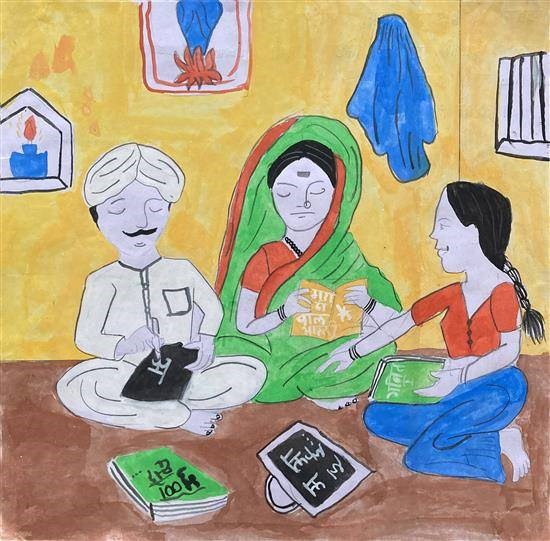 Girl teaching to her parents, painting by Bhagyashree Bagad