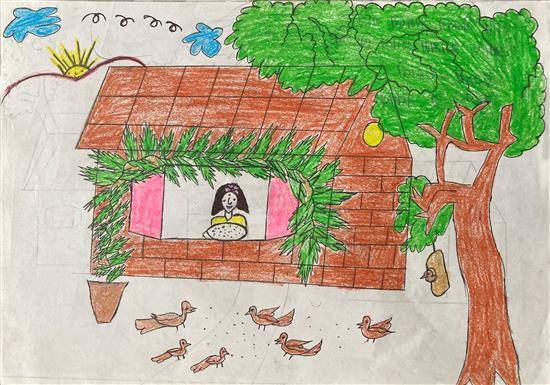 Painting  by Menaka Wagh - Feeding to birds