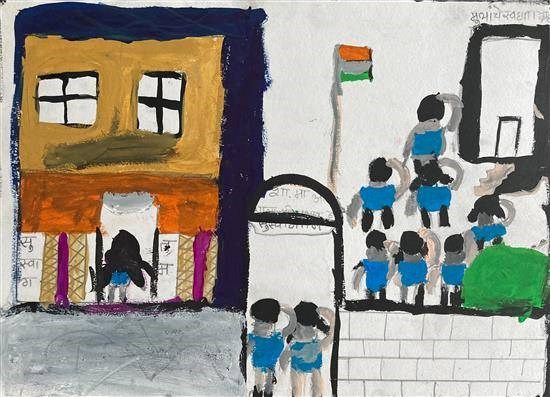 Flag hoisting at school, painting by Yogesh Mahale
