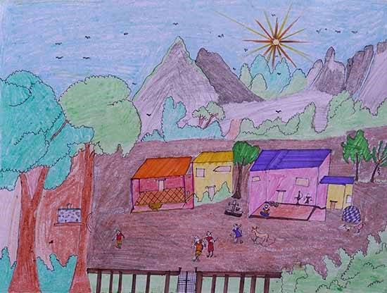 Village scenery, painting by Rekha Dandekar