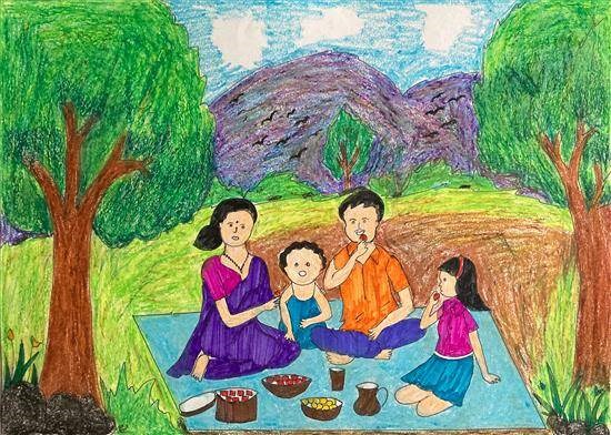 Lunch at farm, painting by Rekha Gotarane