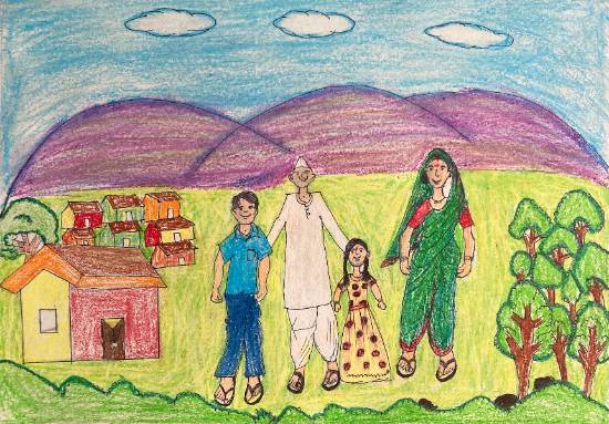 Painting  by Savita Gobhale - Grandparents with Grandchildren