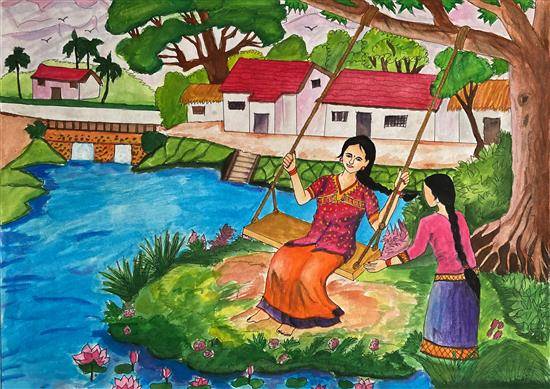 Painting  by Mogari Merya - Enjoying swing