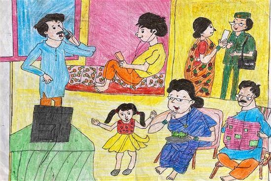 Family routine, painting by Yamuna Wangad