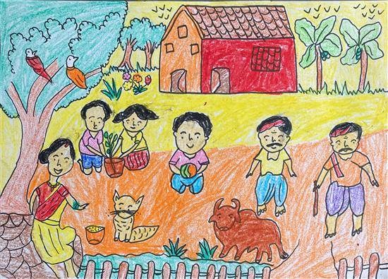 Villagers life, painting by Ranjana Thakarya