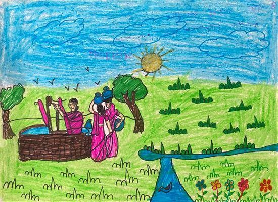 Women fetching water, painting by Varsha Adga