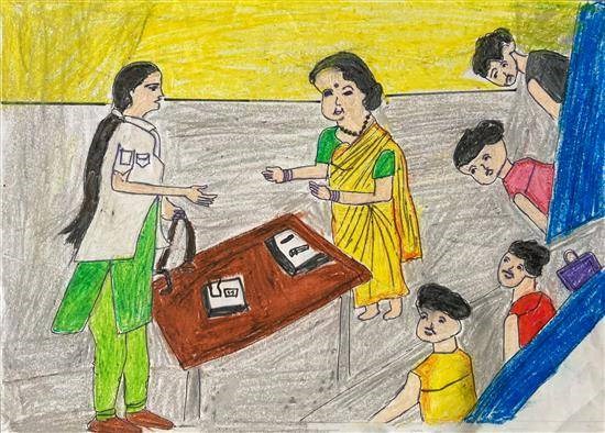 Children's health check up, painting by Seema Khevara