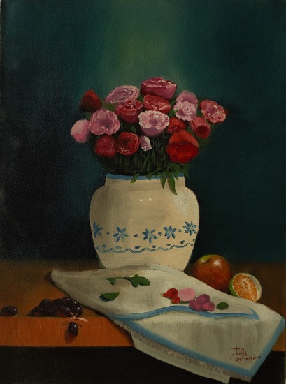 painting by Arun Akella - Still Life with Roses and Fruit
