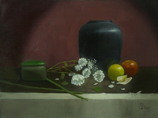 Still Life with Jar, Fruit and Flowers, painting by Arun Akella